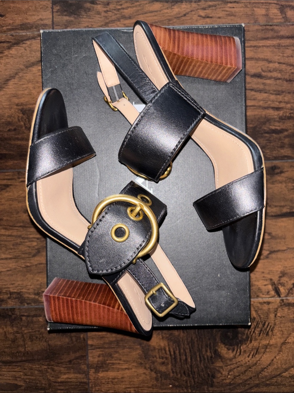 Coach Black Leather Slingback Sandals with Gold Buckle Accents - Picture 6 of 8